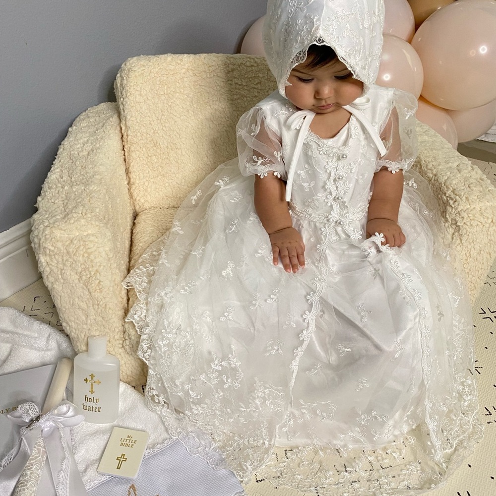 Complete baptism outfit lace baptism gown. Christening dress.